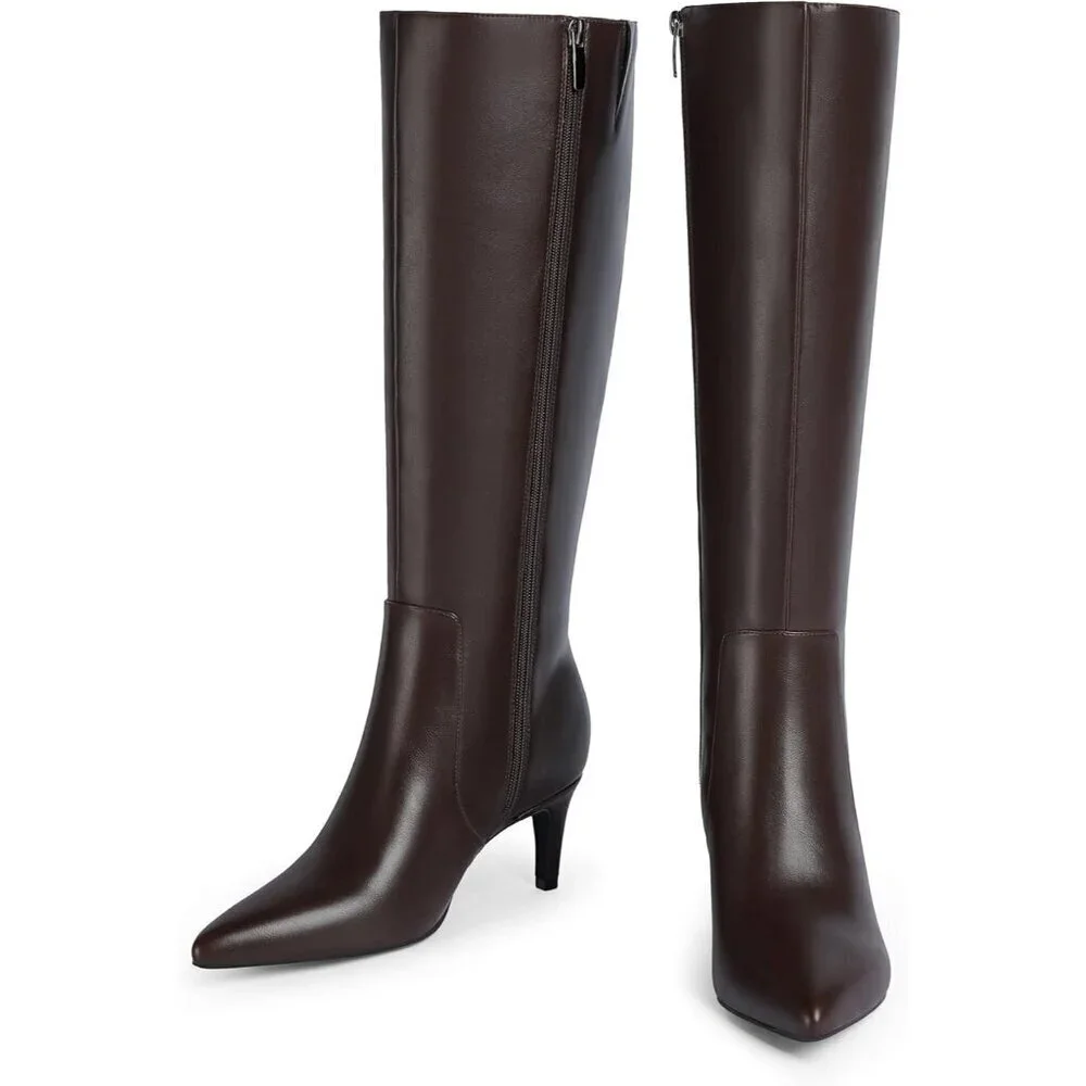 Women Chocolate 1 Tall Boots Pointed Toe Kitten Heel Side Zipper Knee High Boots